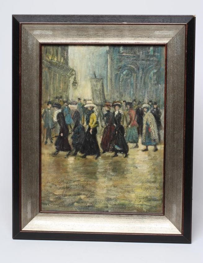 ARTHUR DELANEY (1927-1987) Suffragette March, signed lower left, oil on board,14 1/2" x 10 1/2", Image