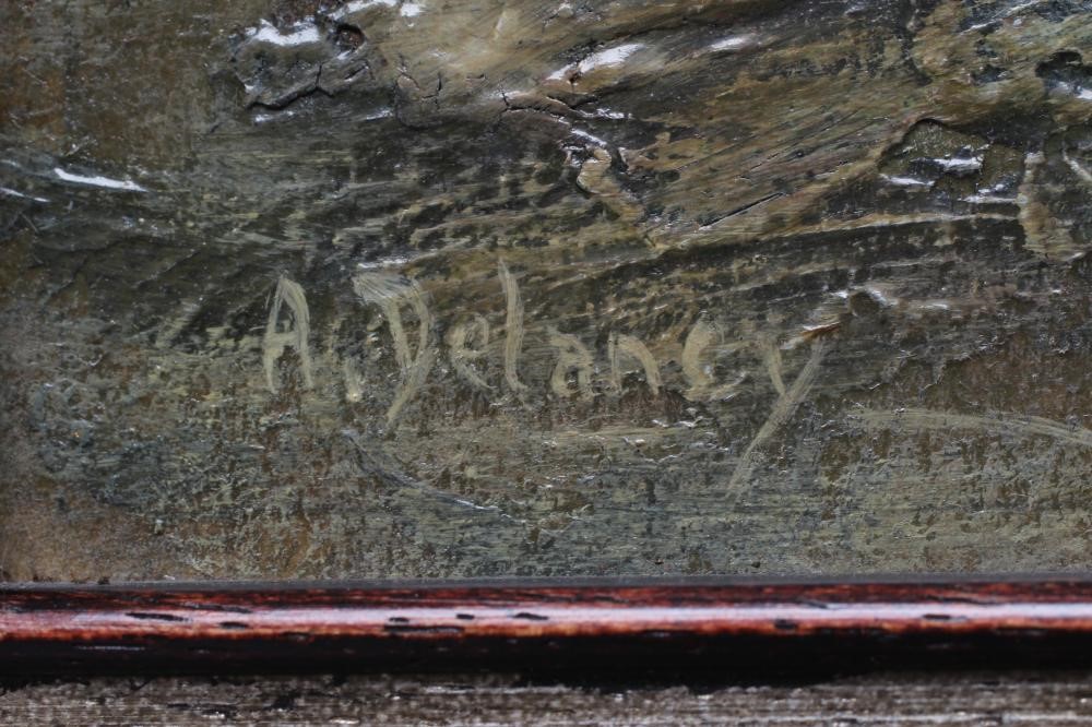 ARTHUR DELANEY (1927-1987) Suffragette March, signed lower left, oil on board,14 1/2" x 10 1/2", Image