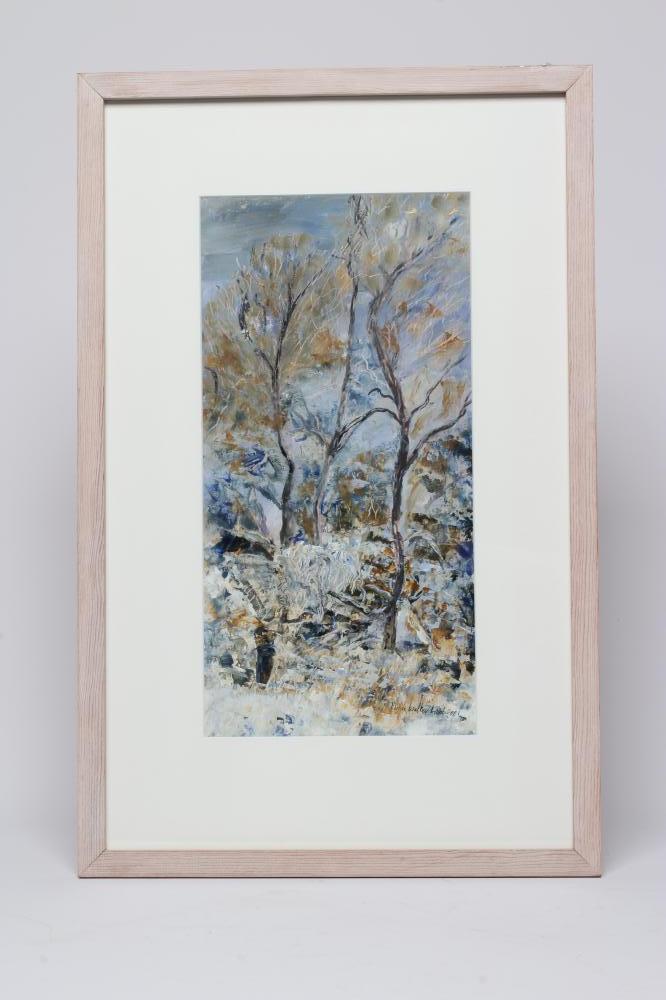 MARIE WALKER LAST (1917-2017) "Winter Trees", signed and dated 2001, oil on paper, 15 1/2" x 8", Image
