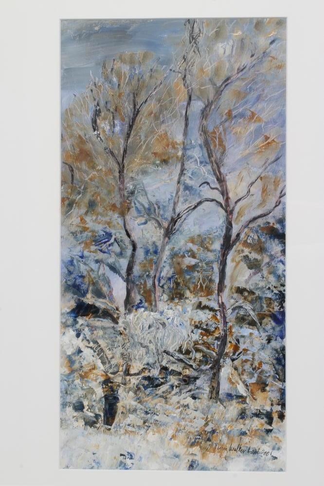 MARIE WALKER LAST (1917-2017) "Winter Trees", signed and dated 2001, oil on paper, 15 1/2" x 8", Image