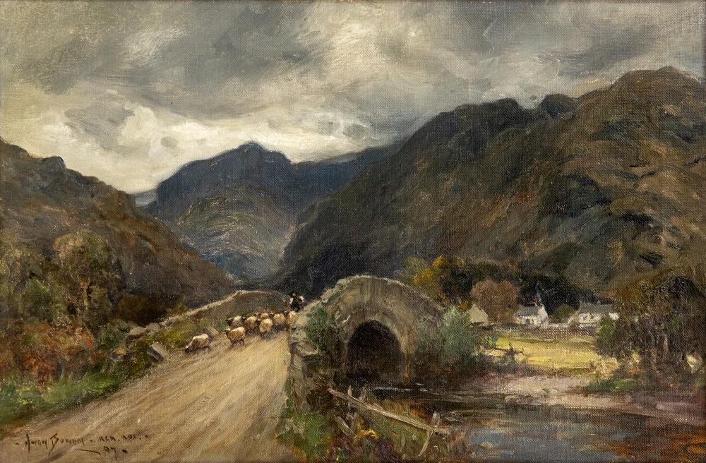OWEN BOWEN (1873-1967) Sheep being driven over a bridge Image
