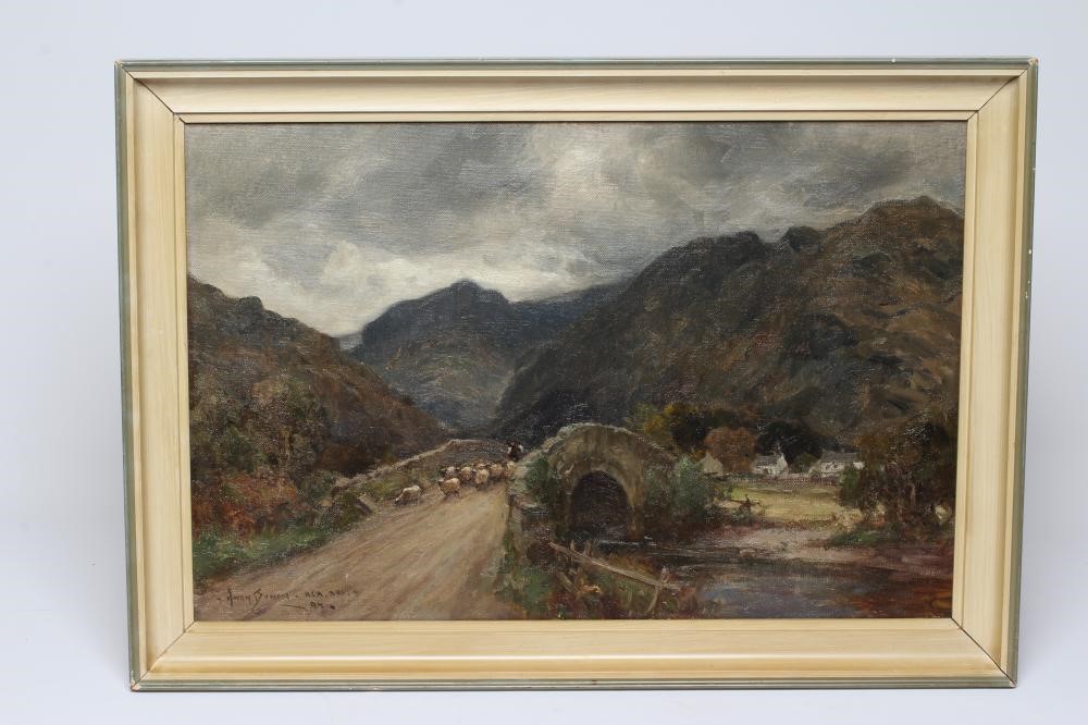 OWEN BOWEN (1873-1967) Sheep being driven over a bridge Image