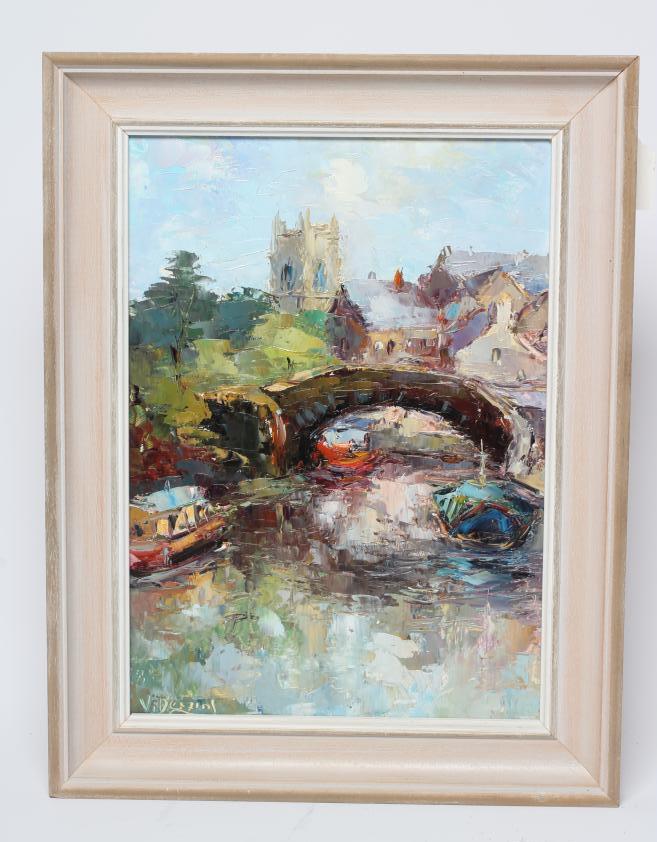 VALTER BERZINS (1925-2009) "Narrow Boats Skipton", signed, oil on board, 16" x 11 1/4", framed Image