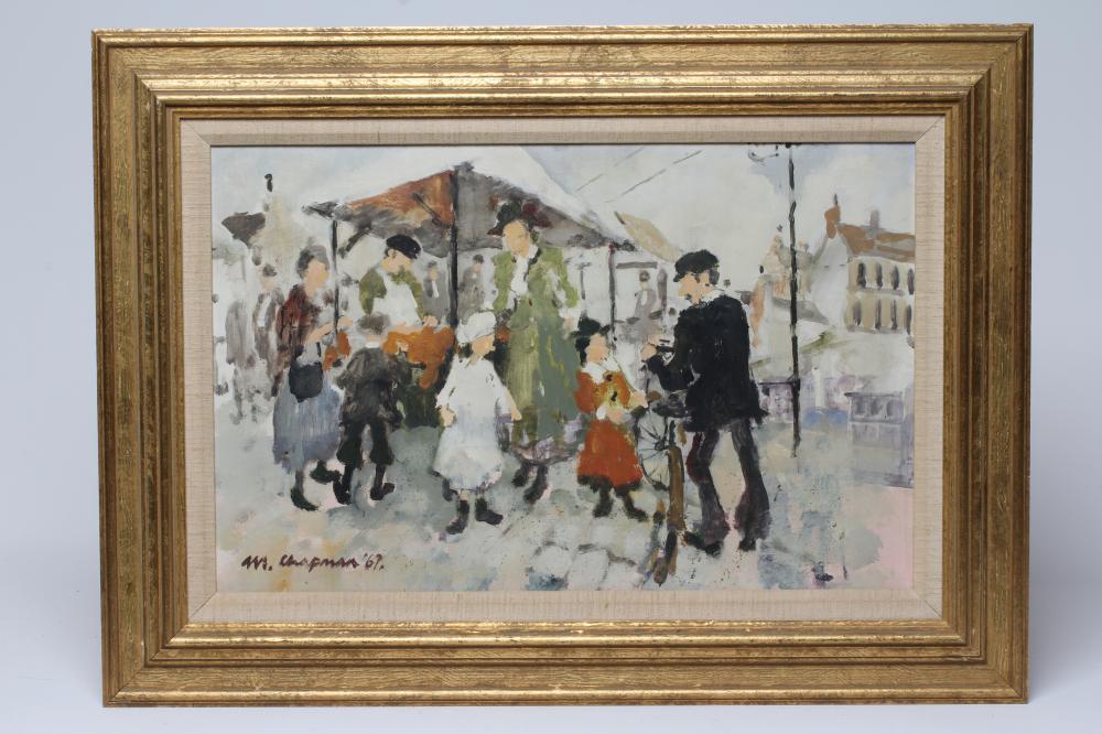MARGARET CHAPMAN (1940-2000) Market Stall, signed lower left and dated 69, oil on board, 12" x 19", Image