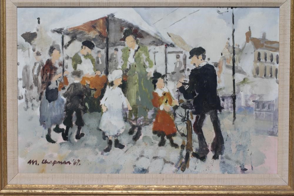MARGARET CHAPMAN (1940-2000) Market Stall, signed lower left and dated 69, oil on board, 12" x 19", Image