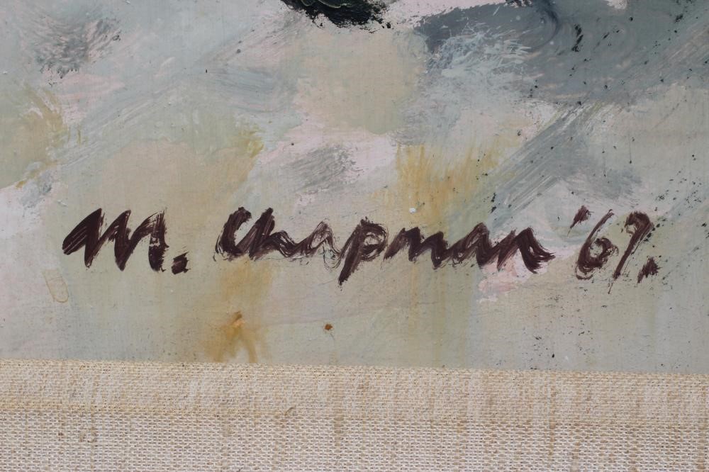 MARGARET CHAPMAN (1940-2000) Market Stall, signed lower left and dated 69, oil on board, 12" x 19", Image