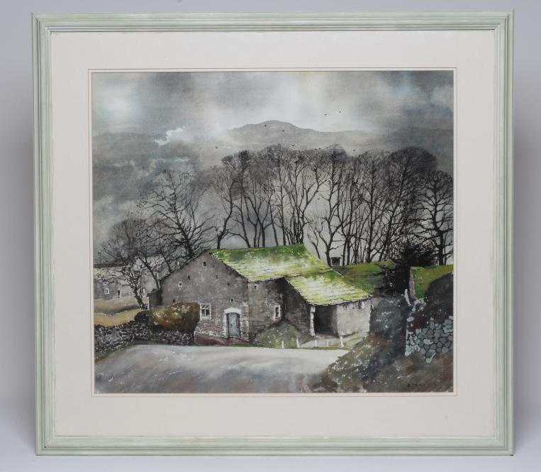 JACQUIE DENBY (b.1939) Winter landscape with farm buildings, signed lower right, watercolour, 21" x Image