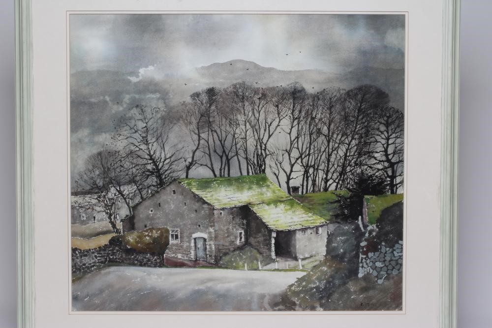 JACQUIE DENBY (b.1939) Winter landscape with farm buildings, signed lower right, watercolour, 21" x Image