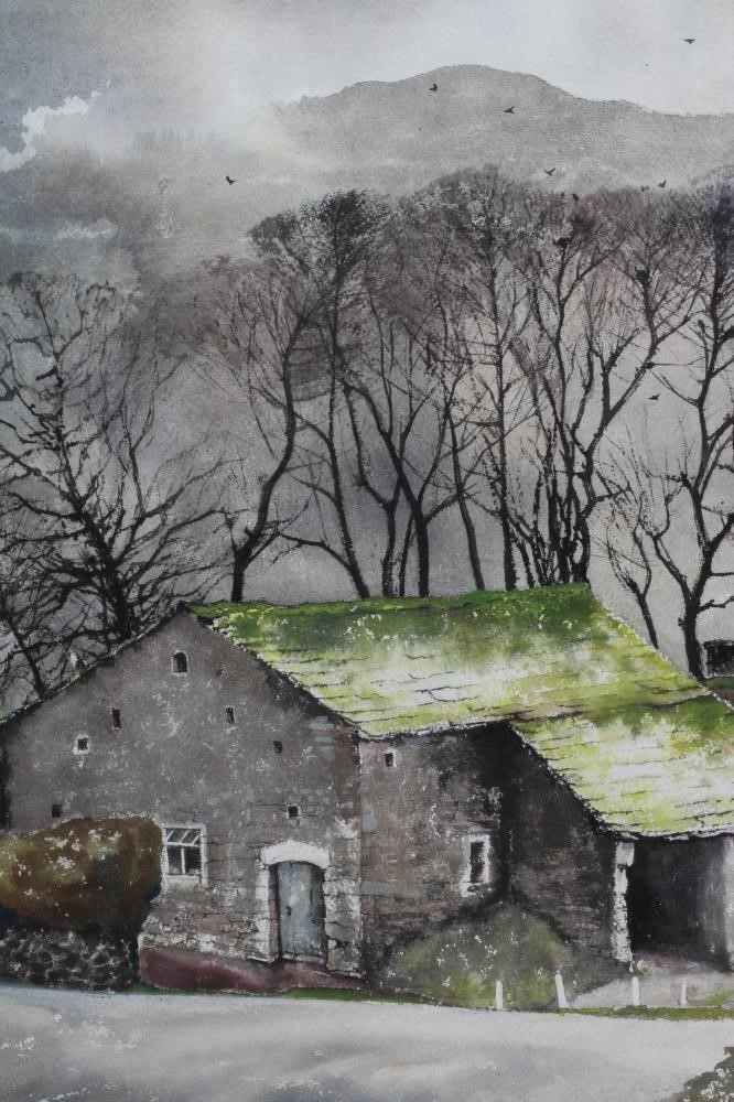 JACQUIE DENBY (b.1939) Winter landscape with farm buildings, signed lower right, watercolour, 21" x Image