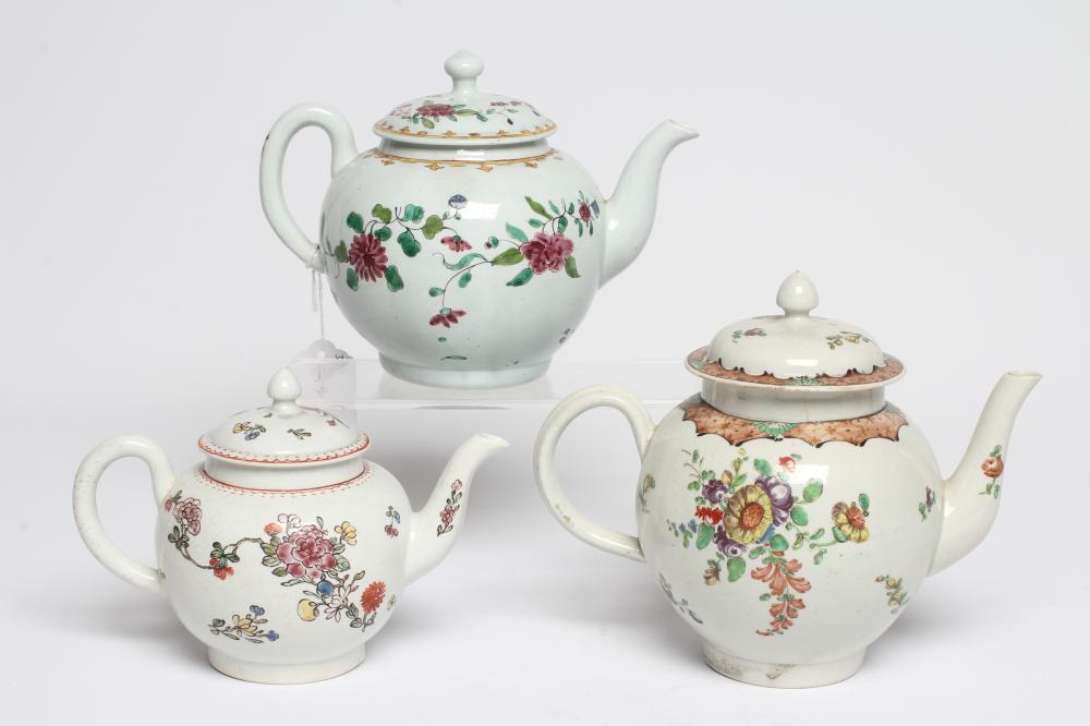 THREE PENNINGTON'S PORCELAIN TEAPOTS AND COVERS, 1780-90, all painted in polychrome enamels with Image