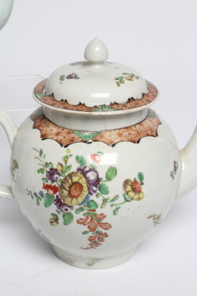 THREE PENNINGTON'S PORCELAIN TEAPOTS AND COVERS, 1780-90, all painted in polychrome enamels with Image
