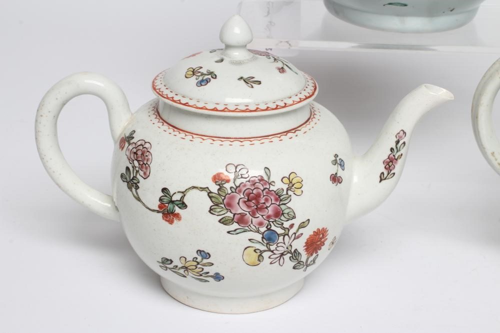 THREE PENNINGTON'S PORCELAIN TEAPOTS AND COVERS, 1780-90, all painted in polychrome enamels with Image