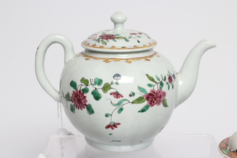 THREE PENNINGTON'S PORCELAIN TEAPOTS AND COVERS, 1780-90, all painted in polychrome enamels with Image