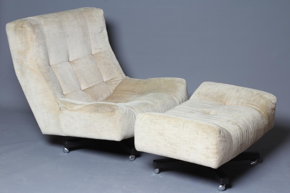 A RETRO SWIVEL LOUNGE CHAIR AND OTTOMAN of open square form button upholstered in champagne dralon Image