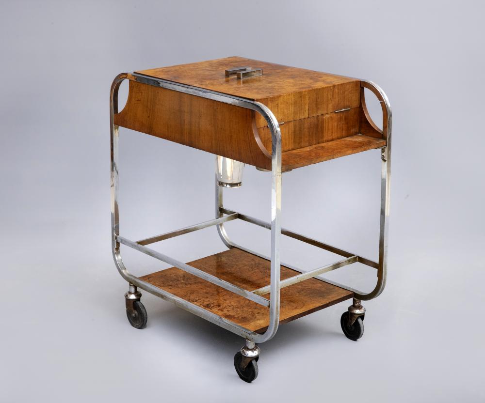 AN ASPREY ART DECO BURR WALNUT AND CHROME DRINKS TROLLEY Image