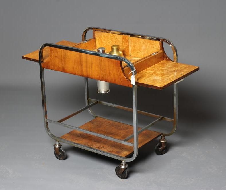 AN ASPREY ART DECO BURR WALNUT AND CHROME DRINKS TROLLEY Image