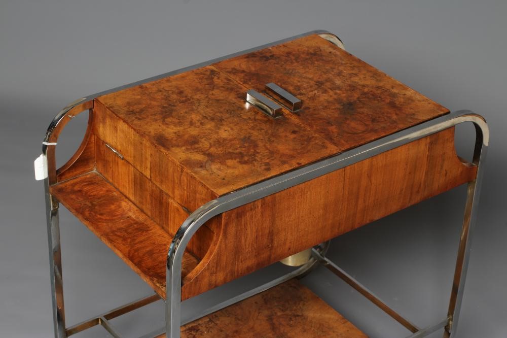 AN ASPREY ART DECO BURR WALNUT AND CHROME DRINKS TROLLEY Image