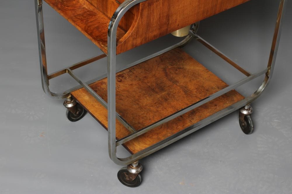 AN ASPREY ART DECO BURR WALNUT AND CHROME DRINKS TROLLEY Image