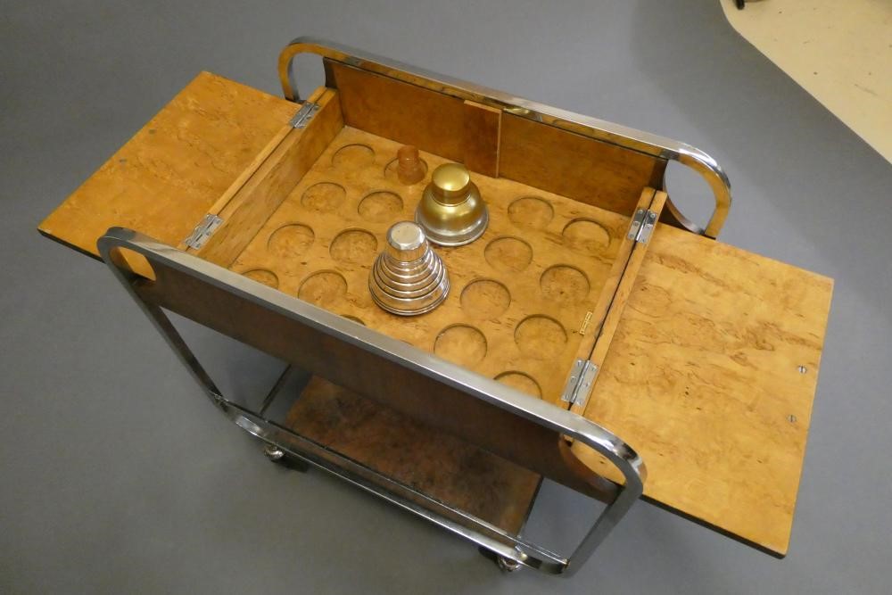 AN ASPREY ART DECO BURR WALNUT AND CHROME DRINKS TROLLEY Image