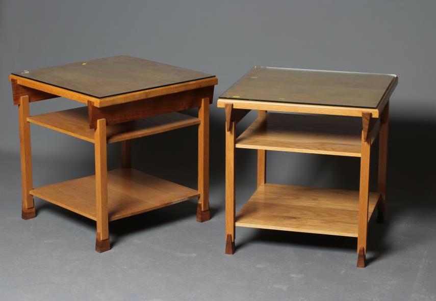 A PAIR OF BESPOKE OAK AND WALNUT OCCASIONAL TABLES Image