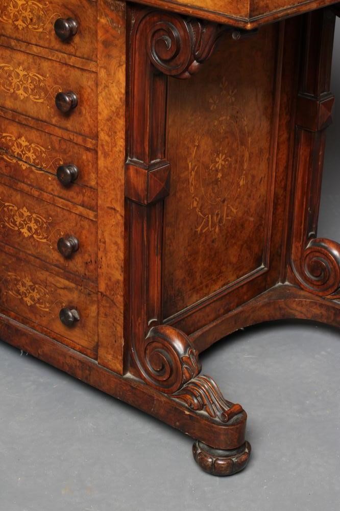 AN EARLY VICTORIAN BURR WALNUT AND MARQUETRY DAVENPORT with gilt metal gallery surmount Image