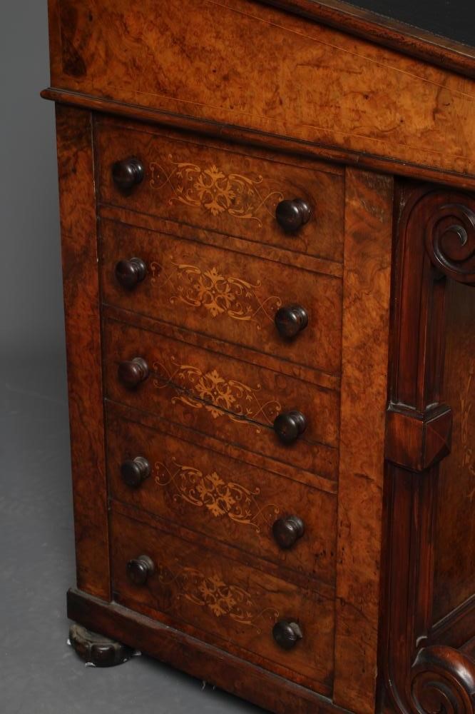 AN EARLY VICTORIAN BURR WALNUT AND MARQUETRY DAVENPORT with gilt metal gallery surmount Image