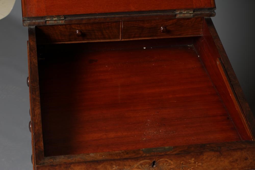 AN EARLY VICTORIAN BURR WALNUT AND MARQUETRY DAVENPORT with gilt metal gallery surmount Image
