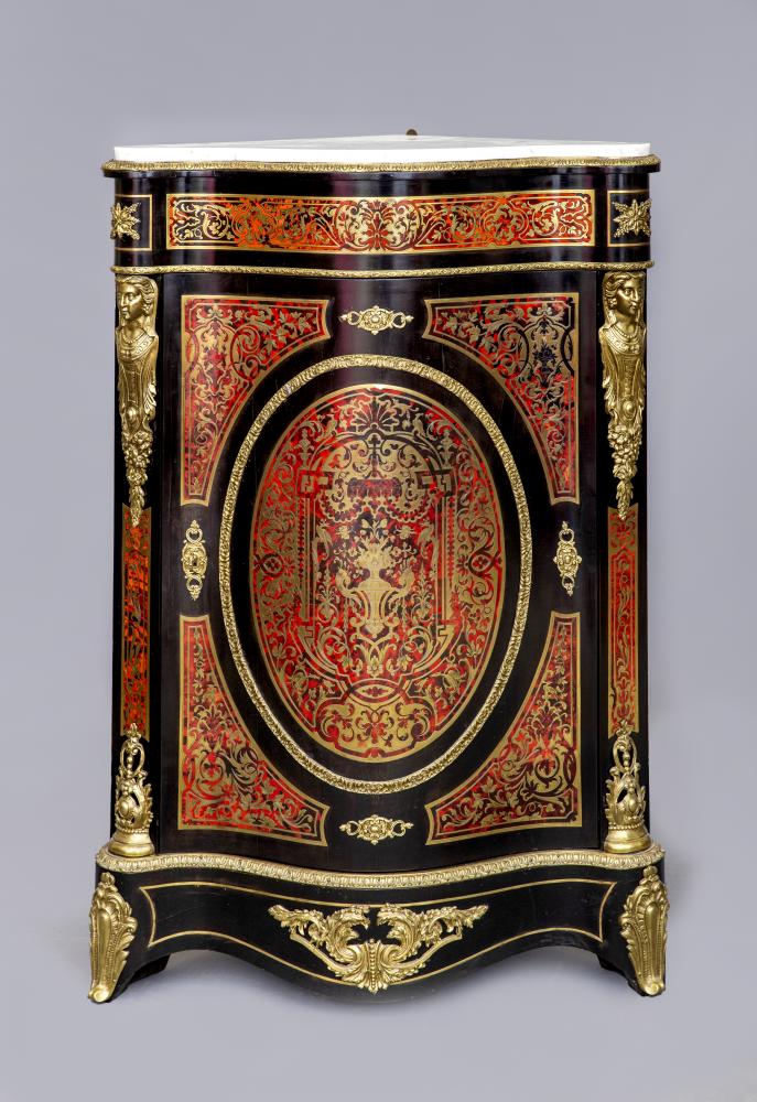 A RED BOULLE CORNER CABINET Image