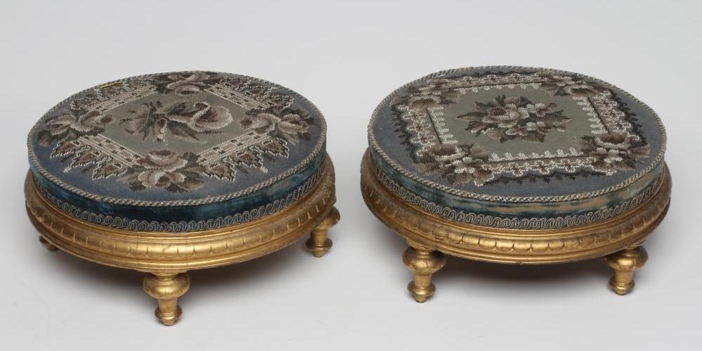 A PAIR OF EARLY VICTORIAN GILT WOOD FOOT STOOLS, of circular form upholstered in floral beadwork and Image