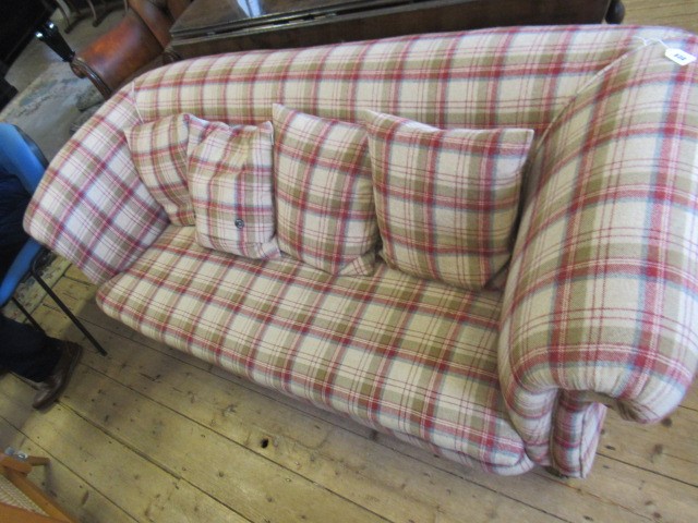 A VICTORIAN WALNUT FRAMED CHESTERFIELD SOFA, upholstered in wool tartan, raised on turned legs with Image