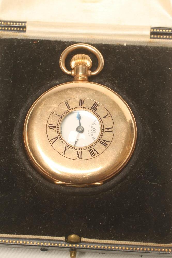 A GOLD PLATED HALF HUNTER TOP WIND POCKET WATCH Image