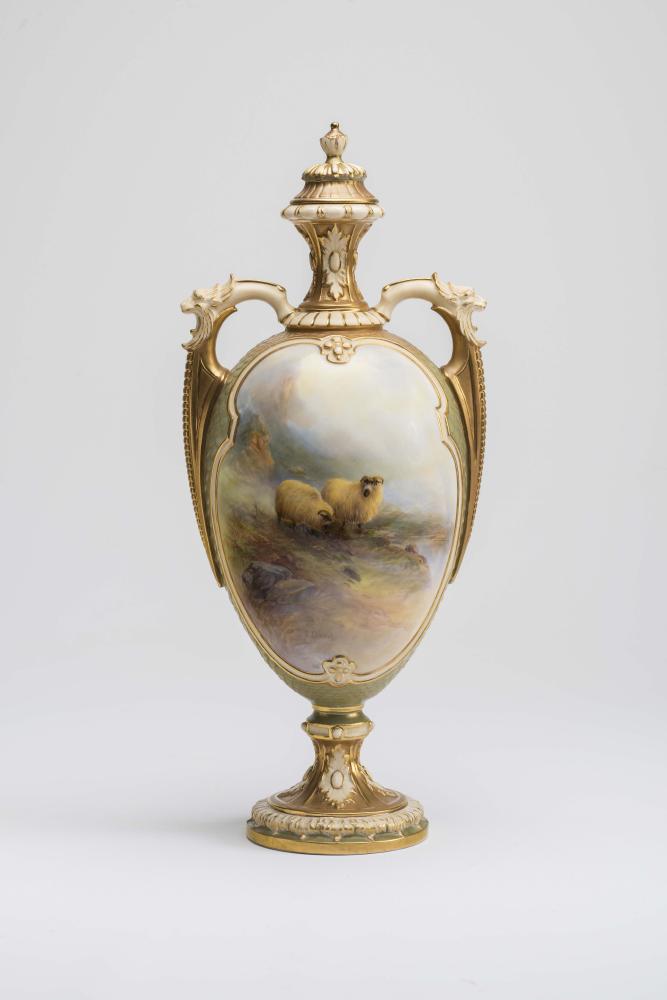 A ROYAL WORCESTER CHINA VASE AND COVER Image