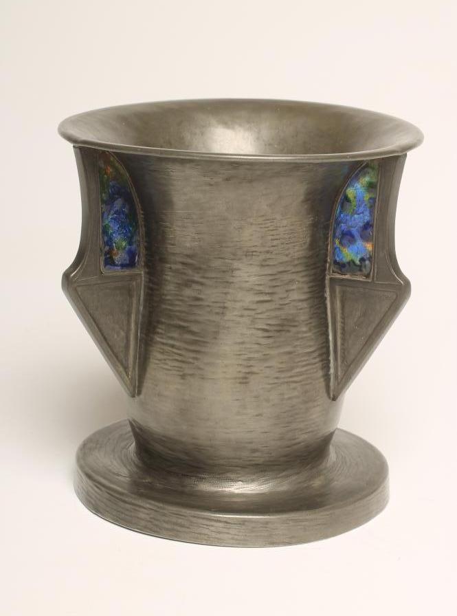 A TUDRIC ARTS AND CRAFTS PEWTER AND ENAMEL CACHE-POT of baluster form Image