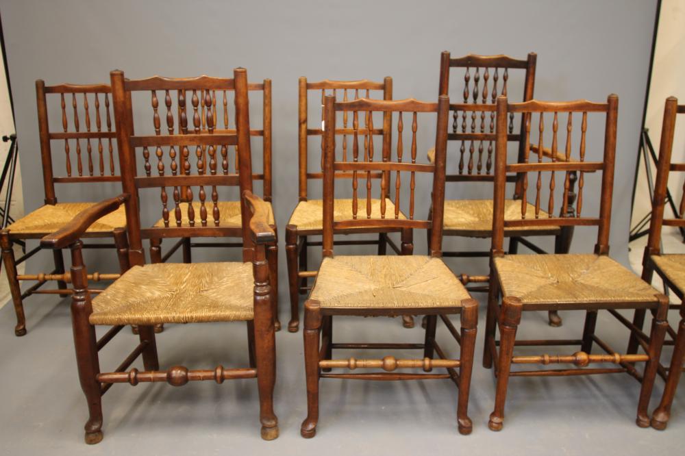 A COMPOSITE SET OF EIGHT ASH AND BEECH RUSH SEATED CHAIRS comprising a set of six single chairs with Image