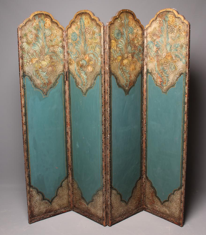 A VICTORIAN FOUR FOLD LEATHER DRAUGHT SCREEN Image