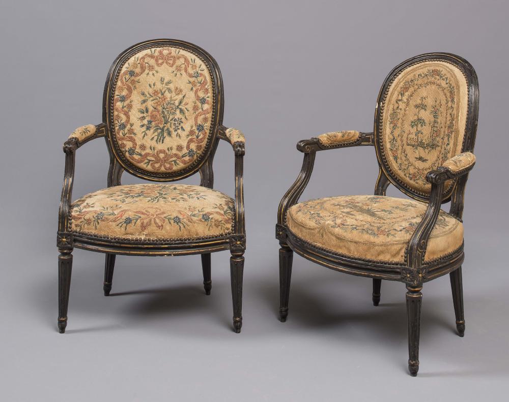 A PAIR OF LOUIS XVI PARCEL GILT AND BROWN PAINTED FAUTEUILS by Claude II Sene Image