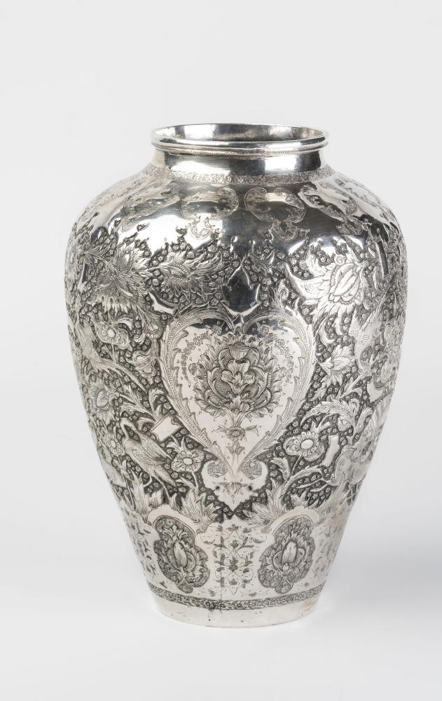 A CHINESE SILVER VASE of flared rounded cylindrical form with sloping shoulders Image
