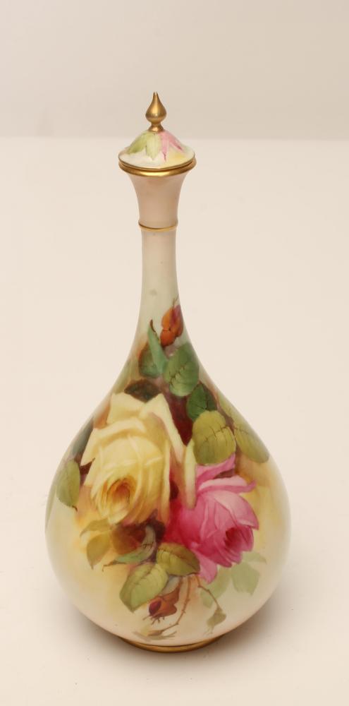 A ROYAL WORCESTER CHINA BOTTLE VASE AND COVER Image