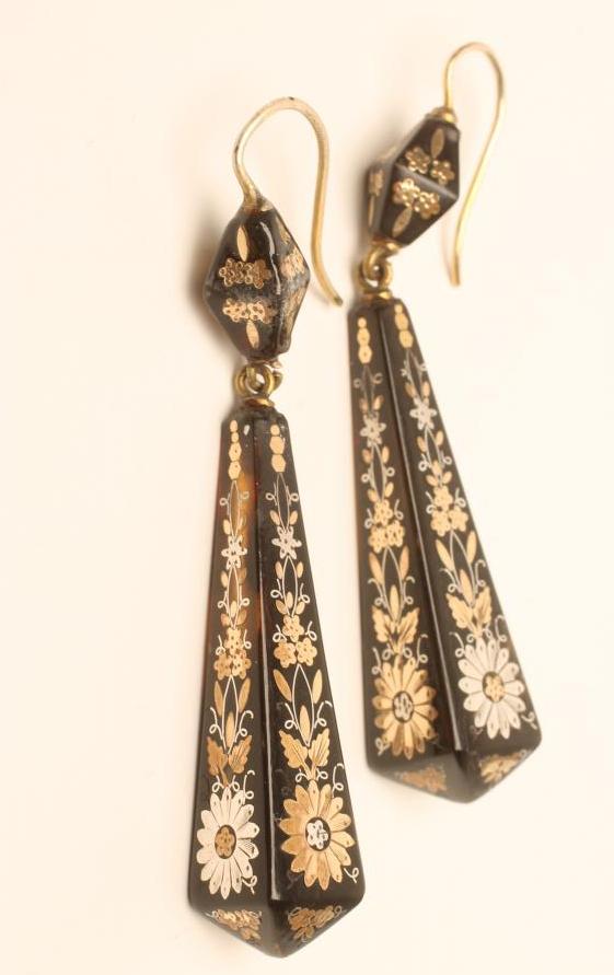 A PAIR OF VICTORIAN TORTOISESHELL EAR BOBS of tapering square section with gold and silver pique Image