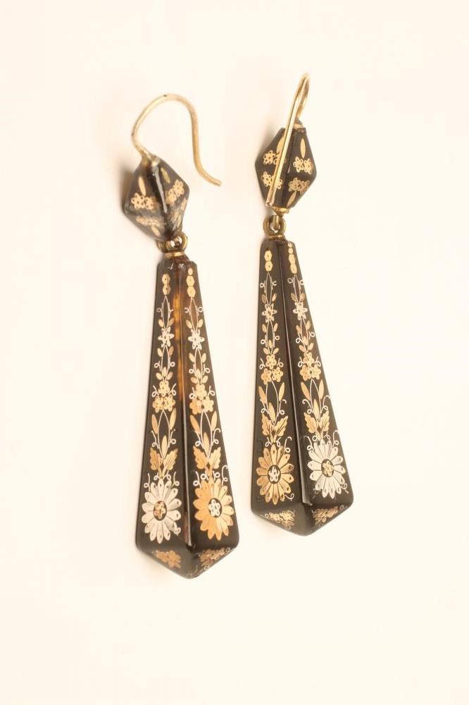 A PAIR OF VICTORIAN TORTOISESHELL EAR BOBS of tapering square section with gold and silver pique Image