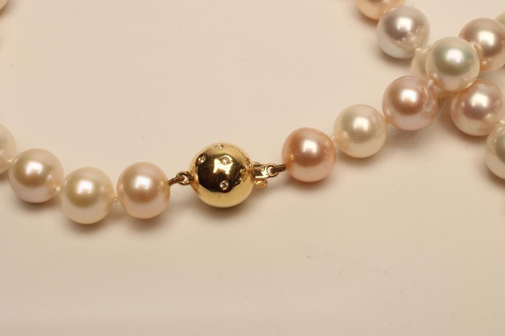 A SINGLE STRING OF PASTEL COLOURED CULTURED PEARLS Image
