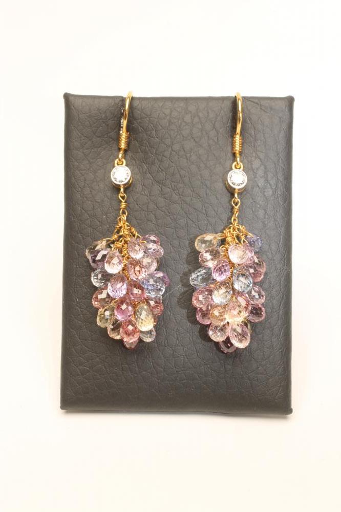 A PAIR OF MULTI-COLOURED SAPPHIRE DROP EAR RINGS Image