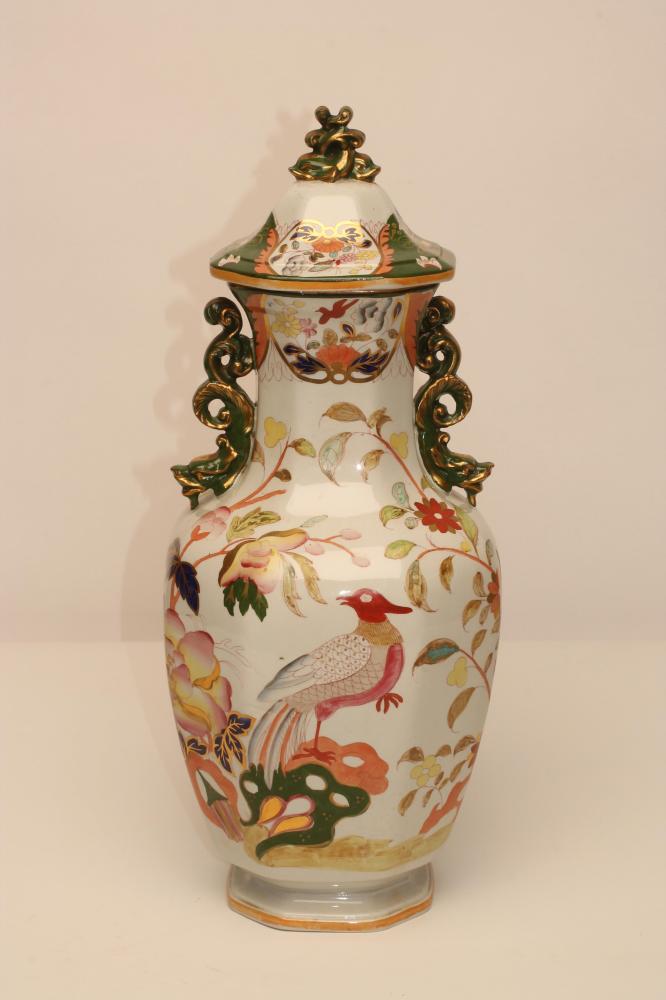 A VICTORIAN MASONS PATENT IRONSTONE CHINA ALCOVE VASE AND COVER Image