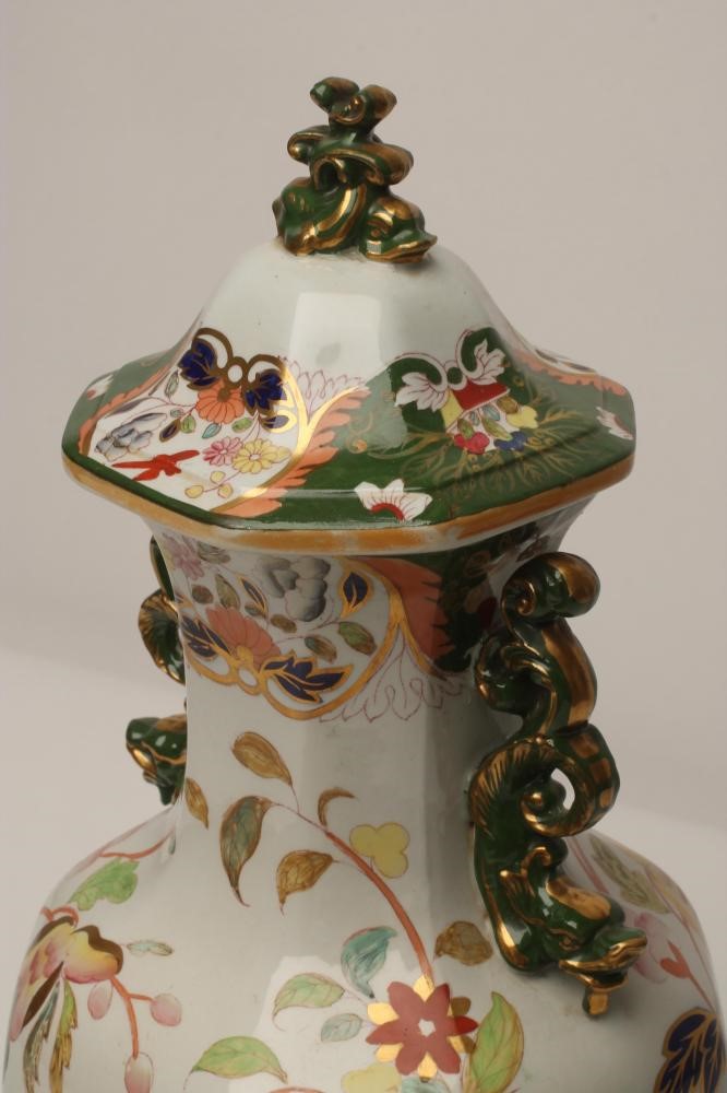 A VICTORIAN MASONS PATENT IRONSTONE CHINA ALCOVE VASE AND COVER Image