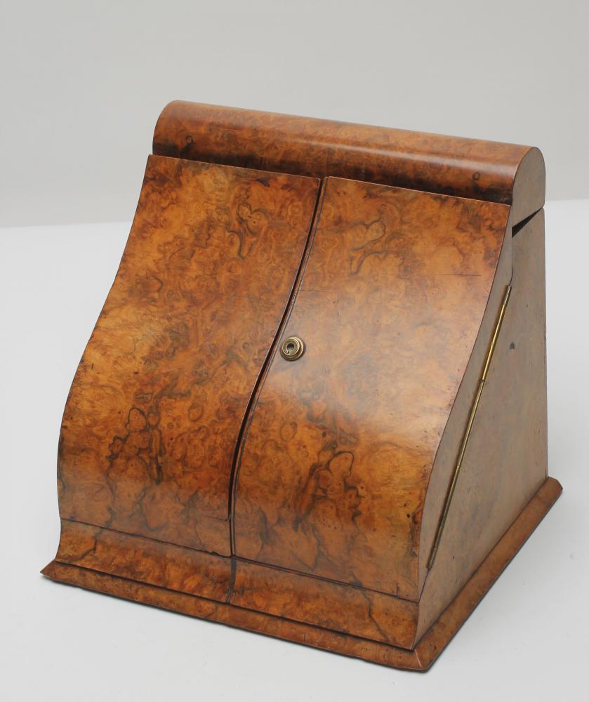 A VICTORIAN BURR WALNUT FOLDING STATIONERY BOX of oblong form Image
