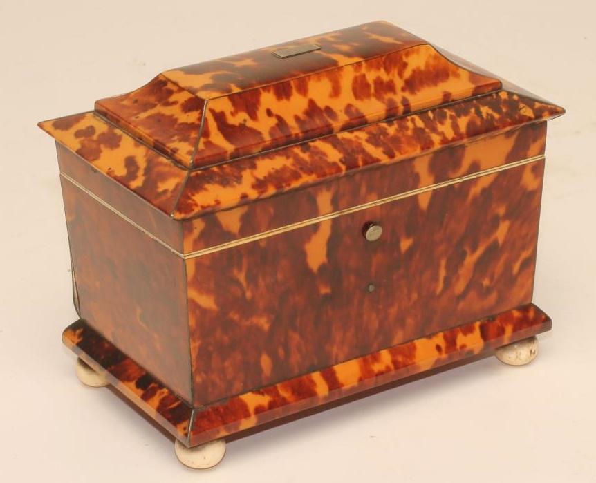 A REGENCY TORTOISESHELL SMALL TEA CADDY of sarcophagus form strung in white metal Image