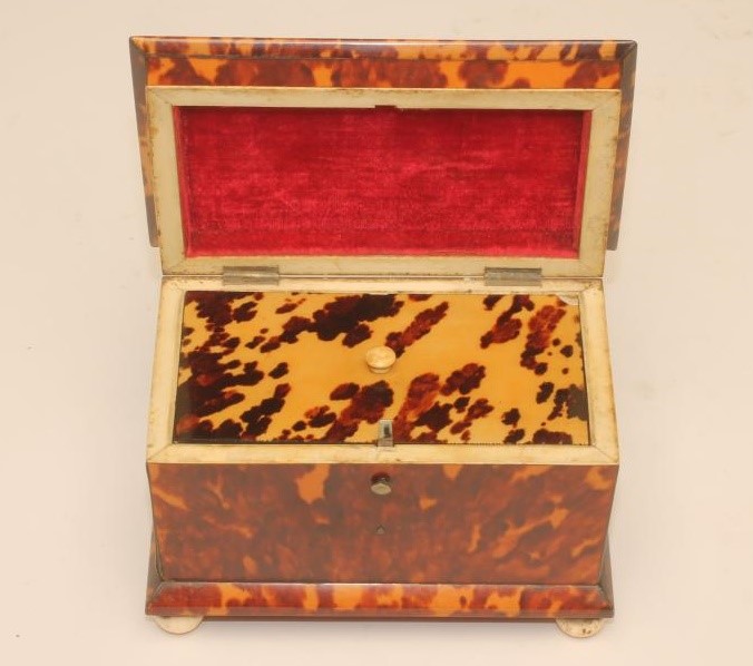 A REGENCY TORTOISESHELL SMALL TEA CADDY of sarcophagus form strung in white metal Image