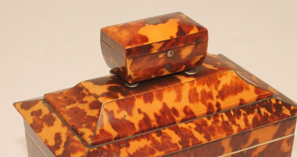 A REGENCY TORTOISESHELL SMALL TEA CADDY of sarcophagus form strung in white metal Image