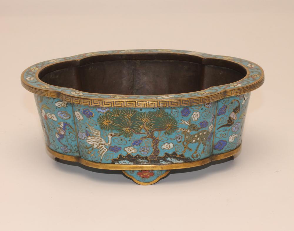 A CHINESE CLOISONNE ENAMEL BOWL of quatrefoil form with slightly everted rim and raised upon four Image