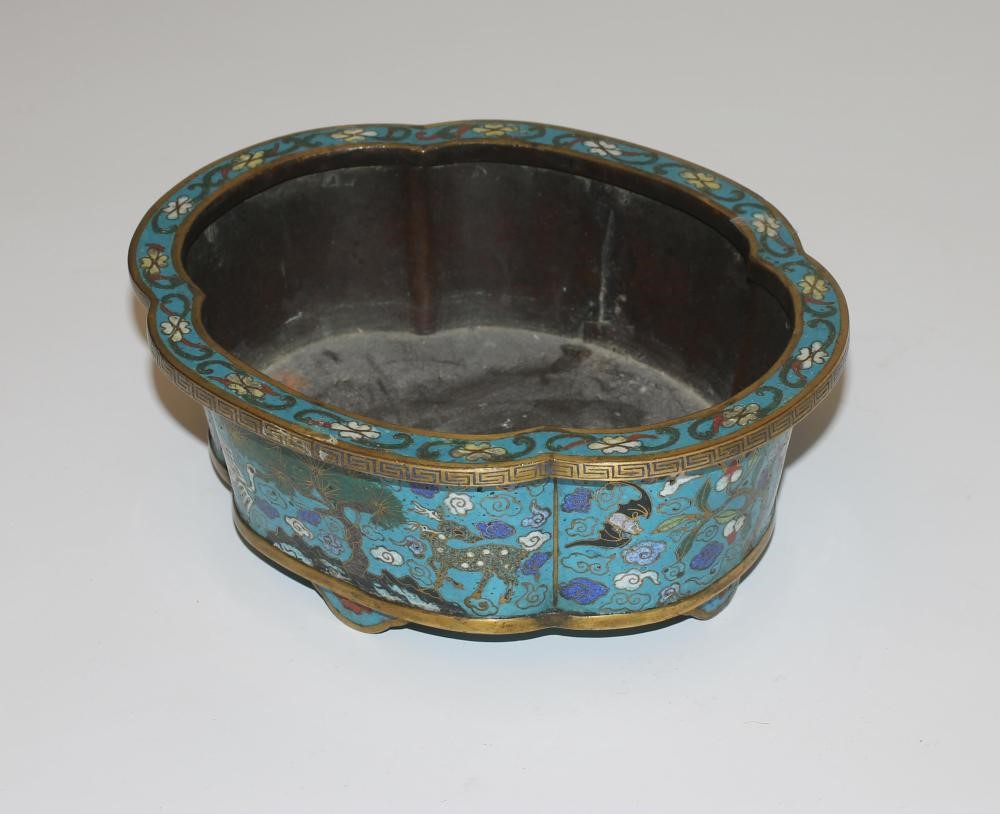 A CHINESE CLOISONNE ENAMEL BOWL of quatrefoil form with slightly everted rim and raised upon four Image